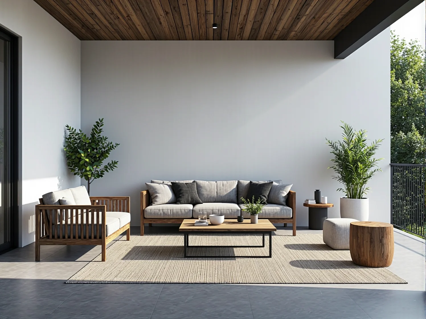 Nowoczesna aranżacja balkonu w bloku z funkcjonalnym zestawem mebli obiadowych i dekoracjami.