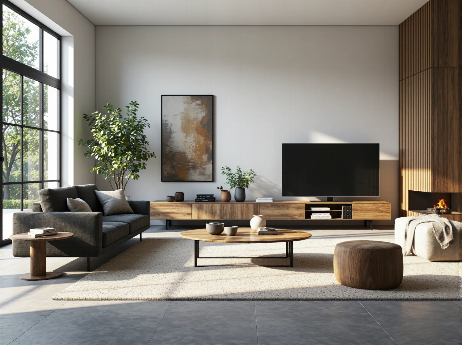 Aranżacja kawiarni z wykorzystaniem naturalnego kamienia i drewna w nowoczesnym stylu.