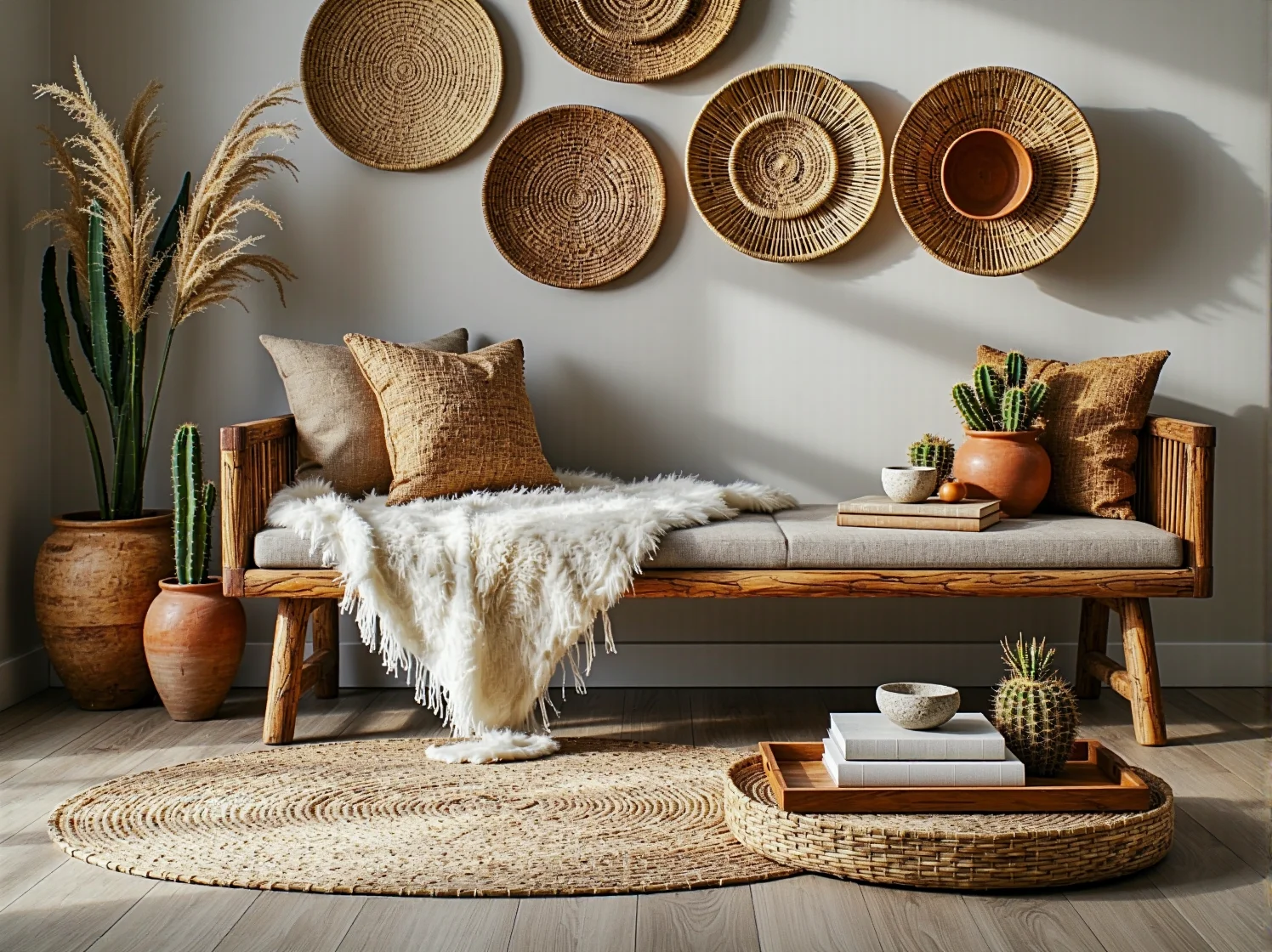 Aranżacja lobby hotelowego z plecionymi sofami i dodatkami w stylu boho