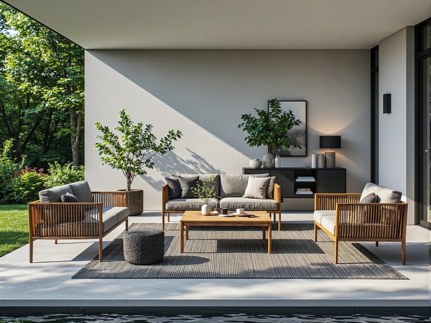 Aranżacja strefy wypoczynku w ogrodzie z szarymi fotelami skandynawskimi