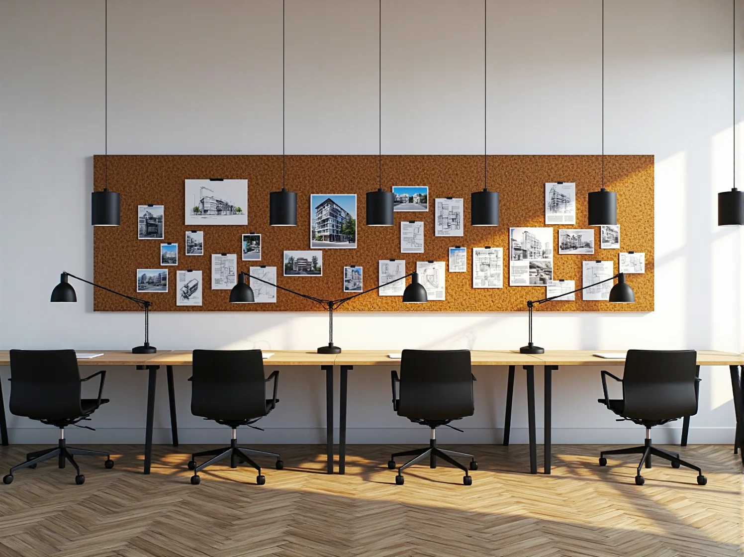 Aranżacja biura coworkingowego z oświetleniem wiszącym w jasnym, skandynawskim designie.