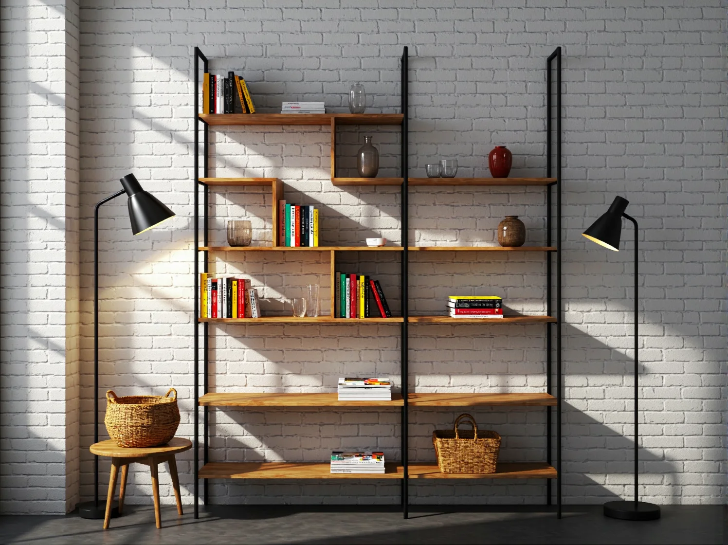 Aranżacja regału retro w kąciku czytelniczym nowoczesnego mieszkania.