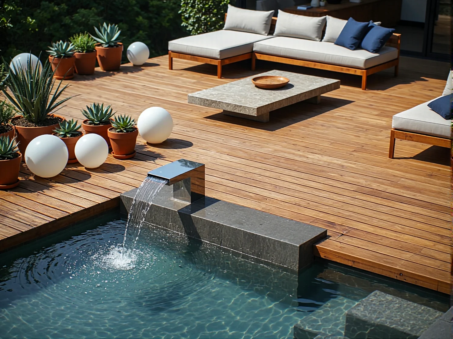 Nowoczesna aranżacja oświetlenia fontanny ogrodowej przed domem.