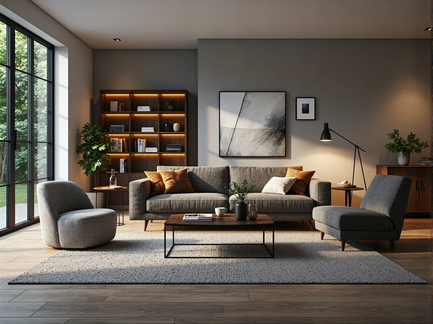 Aranżacja tarasu skandynawskiego: białe fotele, błękitne poduszki i nastrojowe girlandy LED.