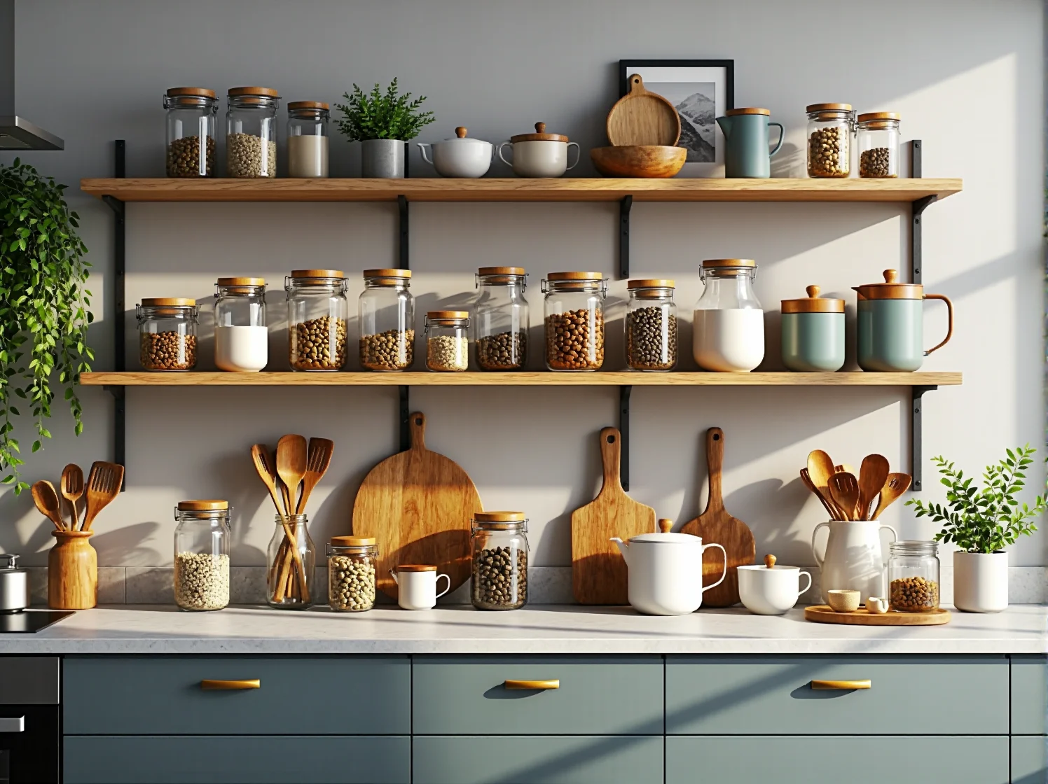 Gotowy regał ścienny DIY wypełniony książkami w przytulnym pokoju w stylu retro