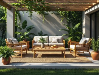 Bambusowy stolik kawowy ogrodowy z lamelowym blatem