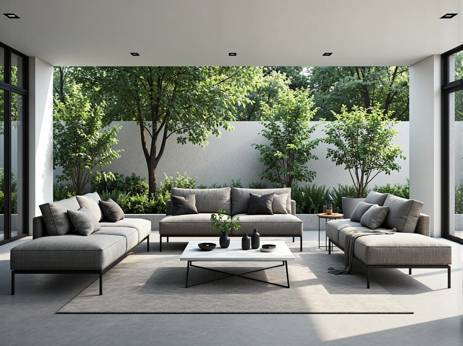 Biała sofa w stylu minimalistycznym pod zadaszeniem tarasu