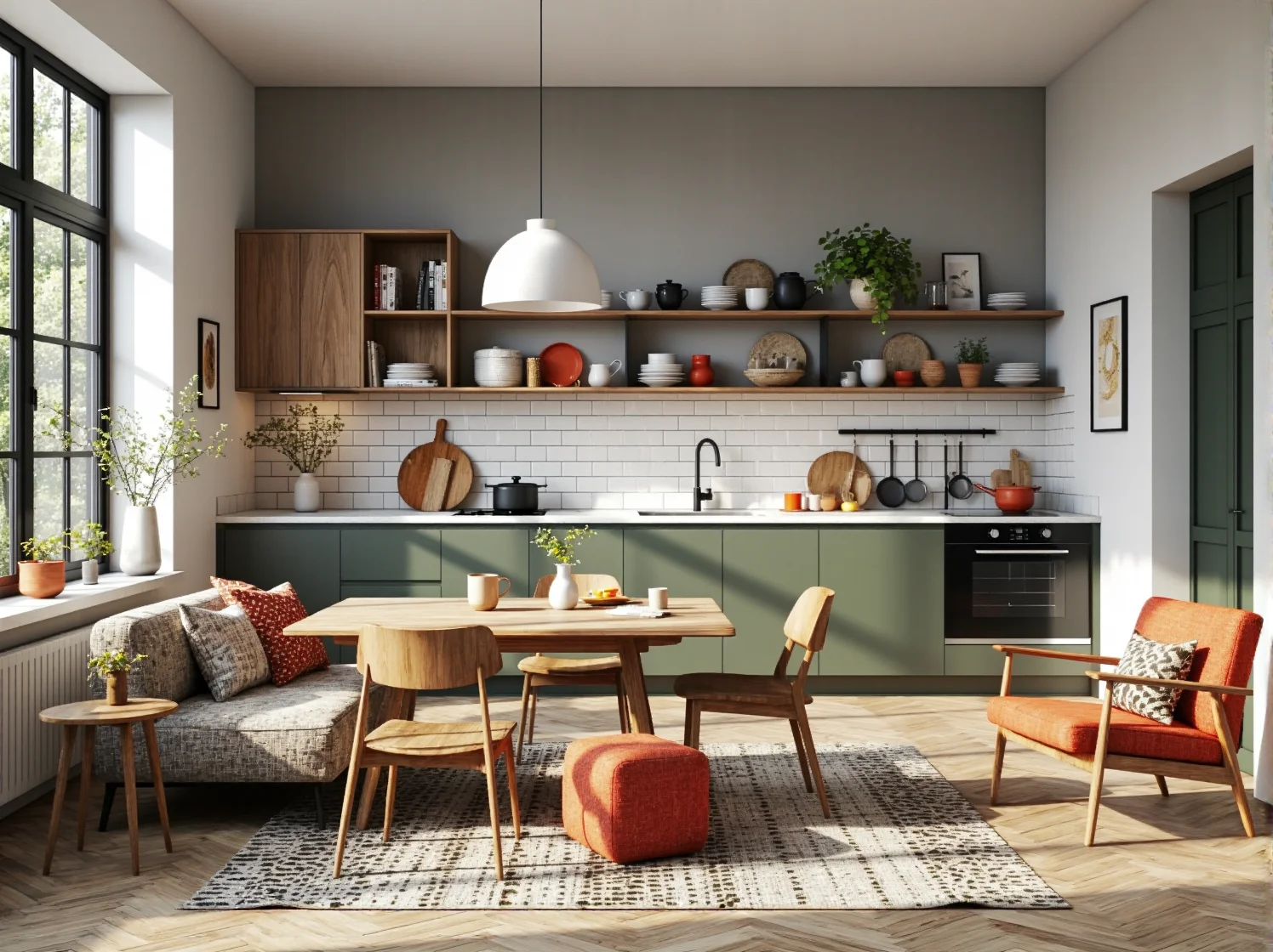 Przytulny pokój dziecięcy z meblami w stylu skandynawskim i kolorowymi akcentami na ścianach.