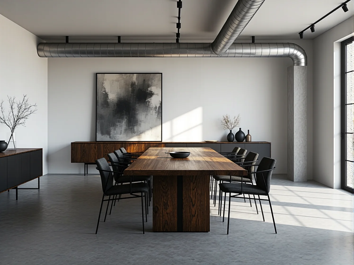 Czarne oświetlenie fasady loft podkreślające teksturę betonu architektonicznego.