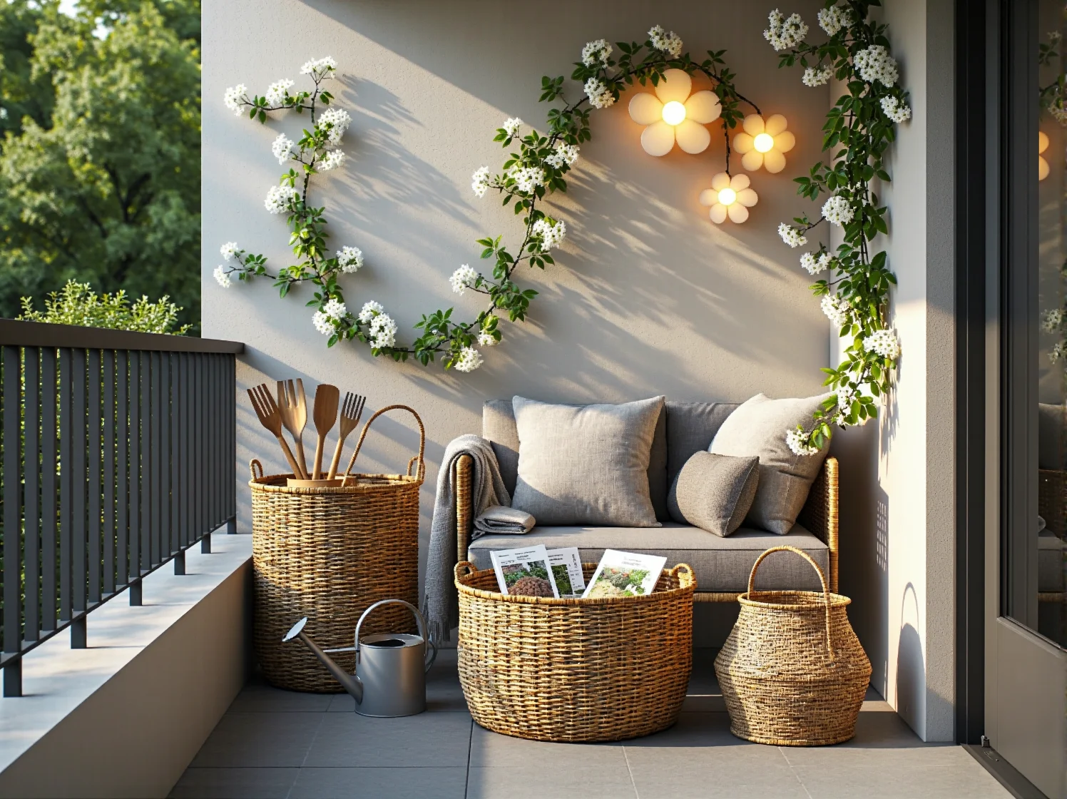 Prowansalska aranżacja balkonu z donicami ceramicznymi i świecącymi girlandami