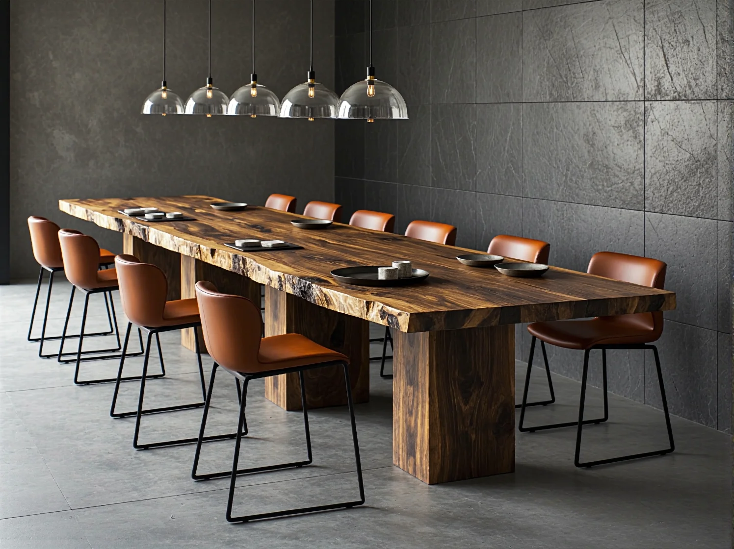 Industrialne wnętrze hotelowej strefy lounge z metalowymi detalami i dużą ilością zielonych roślin.