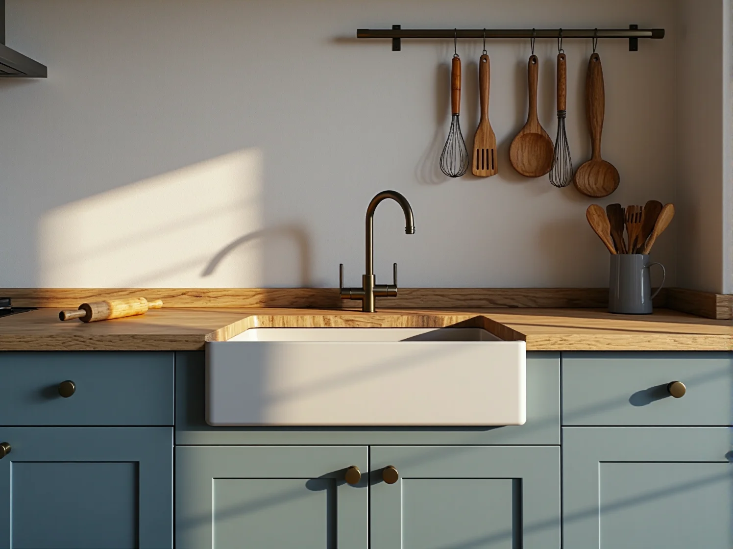 Zbliżenie na drewniane uchwyty i gładkie wykończenie odnowionej szafki na buty typu scandi.