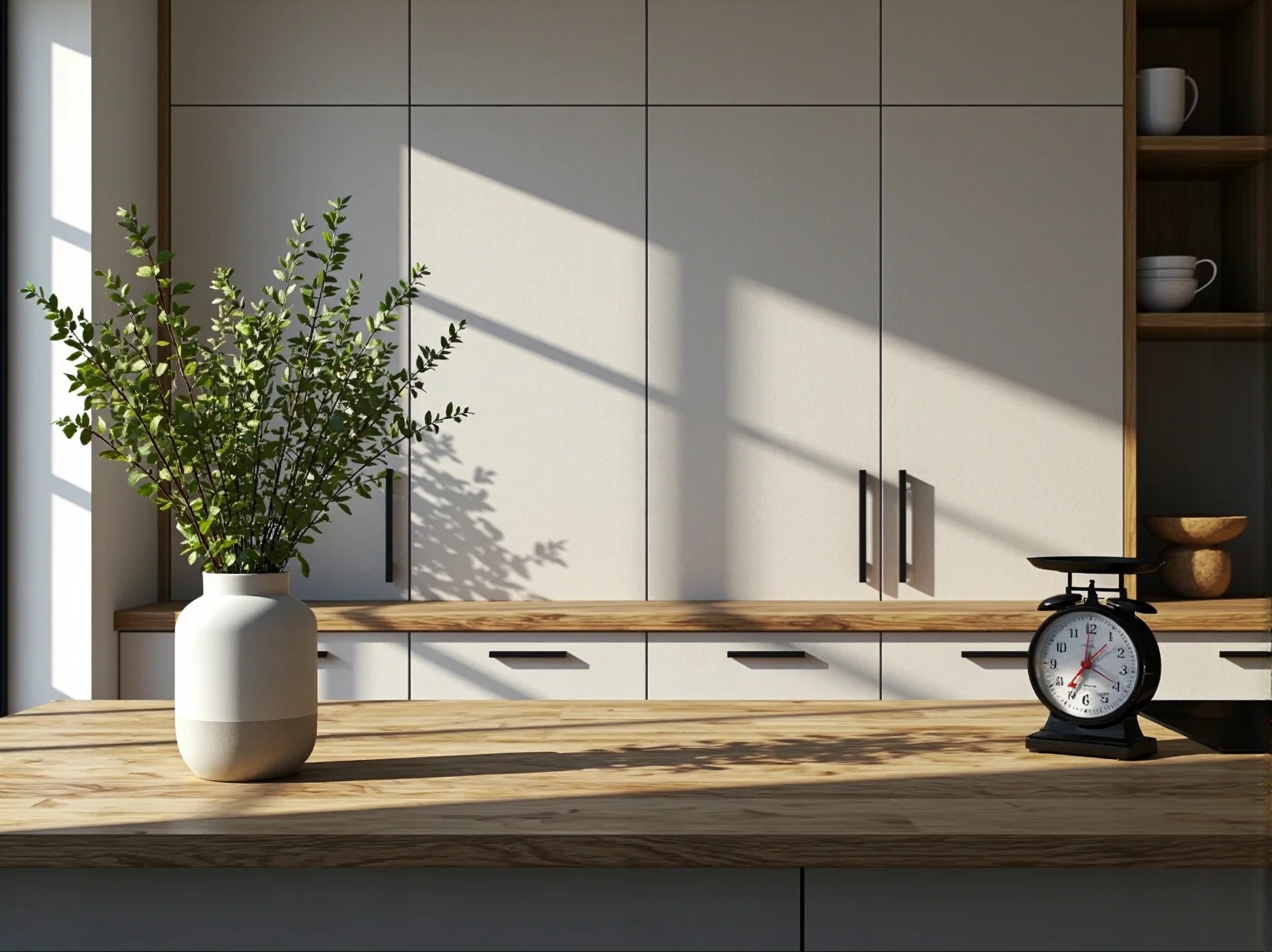 Detale w przytulnej kuchni scandi: drewniane deski i retro akcesoria na jasnym blacie w duchu hygge.