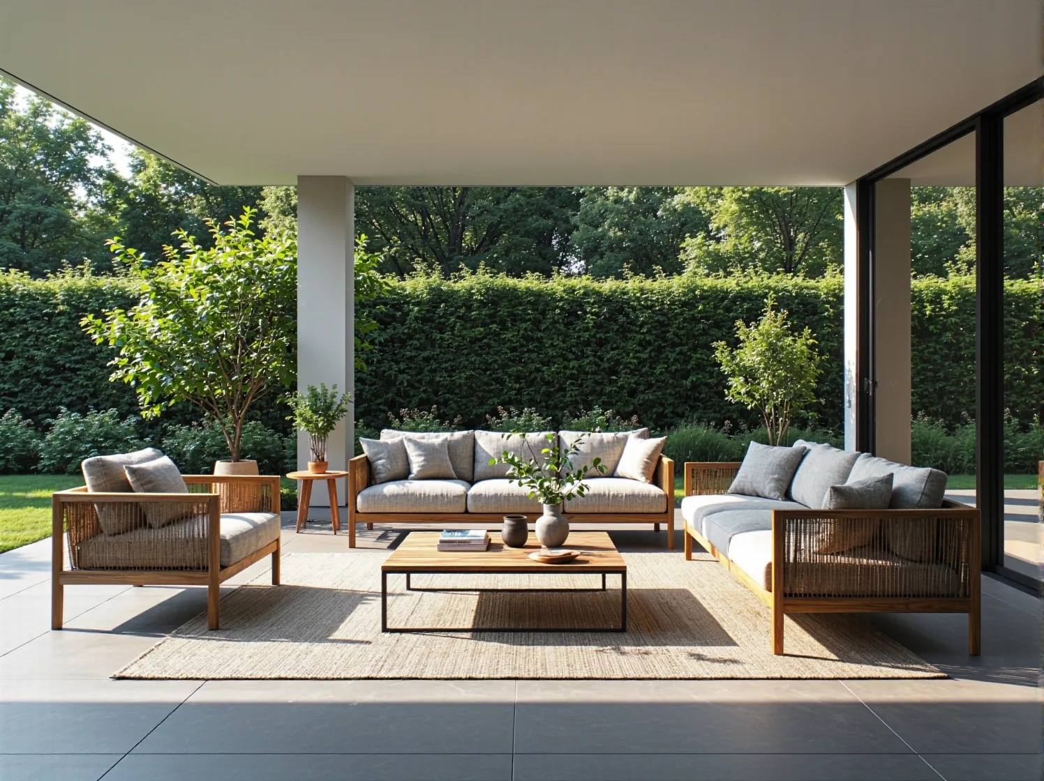 Drewniana sofa o minimalistycznym designie w otoczeniu traw ozdobnych