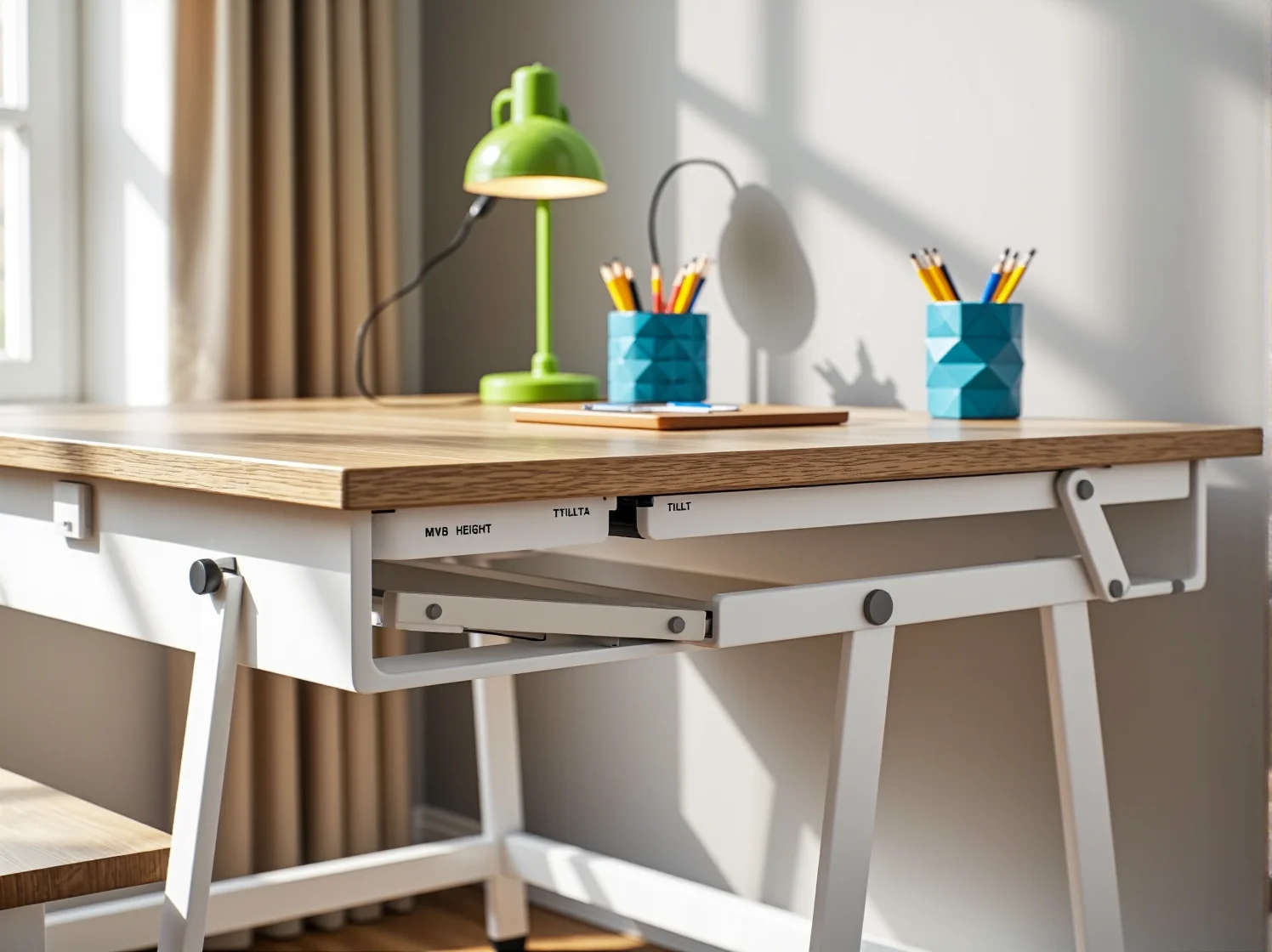 Drewniane biurko dla dziecka z rozkładanym blatem i ergonomicznym krzesłem.