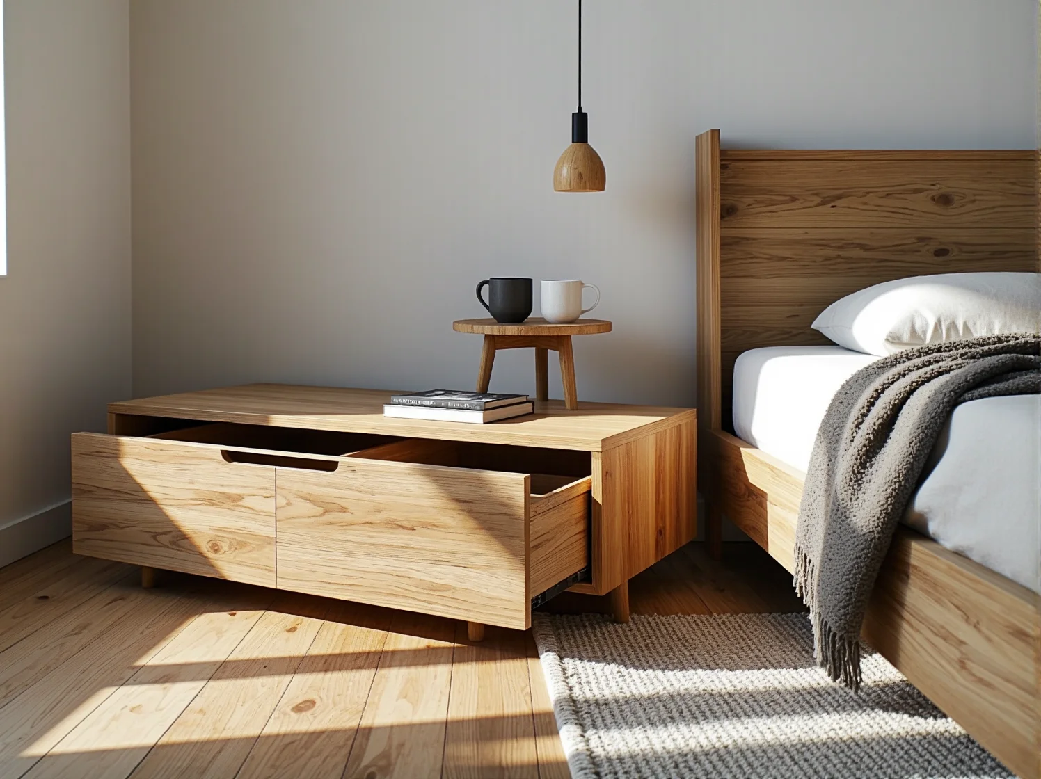 Drewniane łóżko skandynawskie z wysuwanymi szufladami na pościel – idealne do nowoczesnej sypialni.
