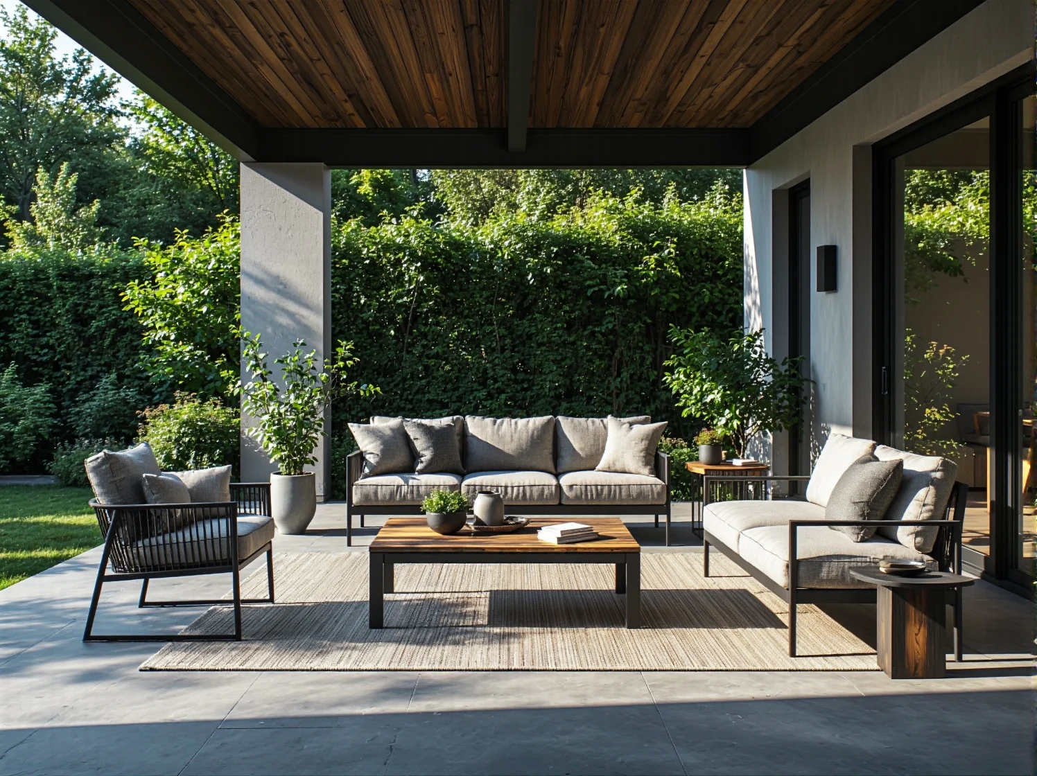 Drewniane meble outdoorowe z jasnymi poduszkami w minimalistycznym ogrodzie