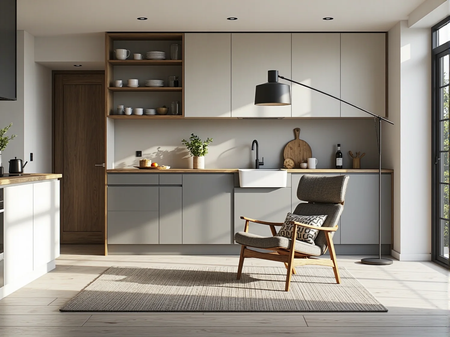 Drewniany fotel wypoczynkowy w stylu skandynawskim z miękkim obiciem, idealny mebel do strefy relaksu.