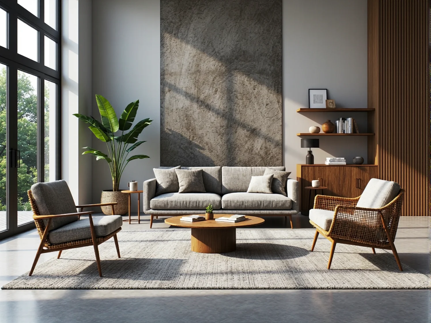 Drewniany regał pomalowany na kolory ziemi w sypialni w klimacie boho