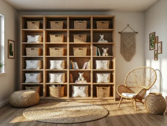 Drewniany regał dziecięcy dąb z otwartymi półkami w stylu boho