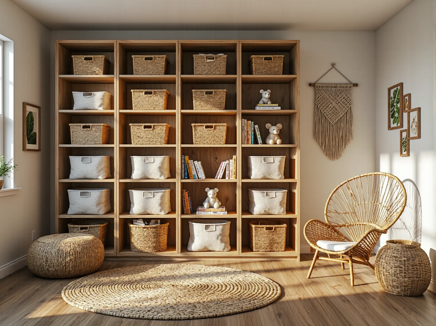 Drewniany regał dziecięcy dąb z otwartymi półkami w stylu boho