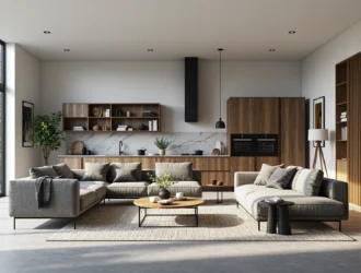 Drewniany regał wiszący orzech z otwartymi półkami na książki