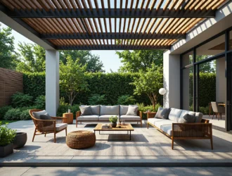 Zestaw mebli ogrodowych drewniane sofy i fotele z szarymi poduszkami