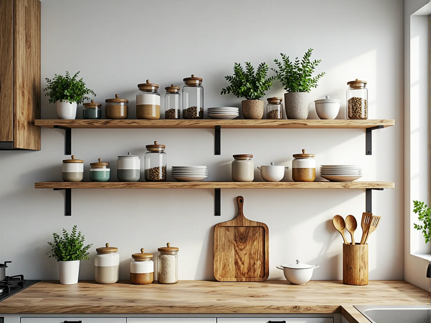 Stylowe oświetlenie i eko dodatki w kuchni urządzonej zgodnie z zasadami zrównoważonego designu.