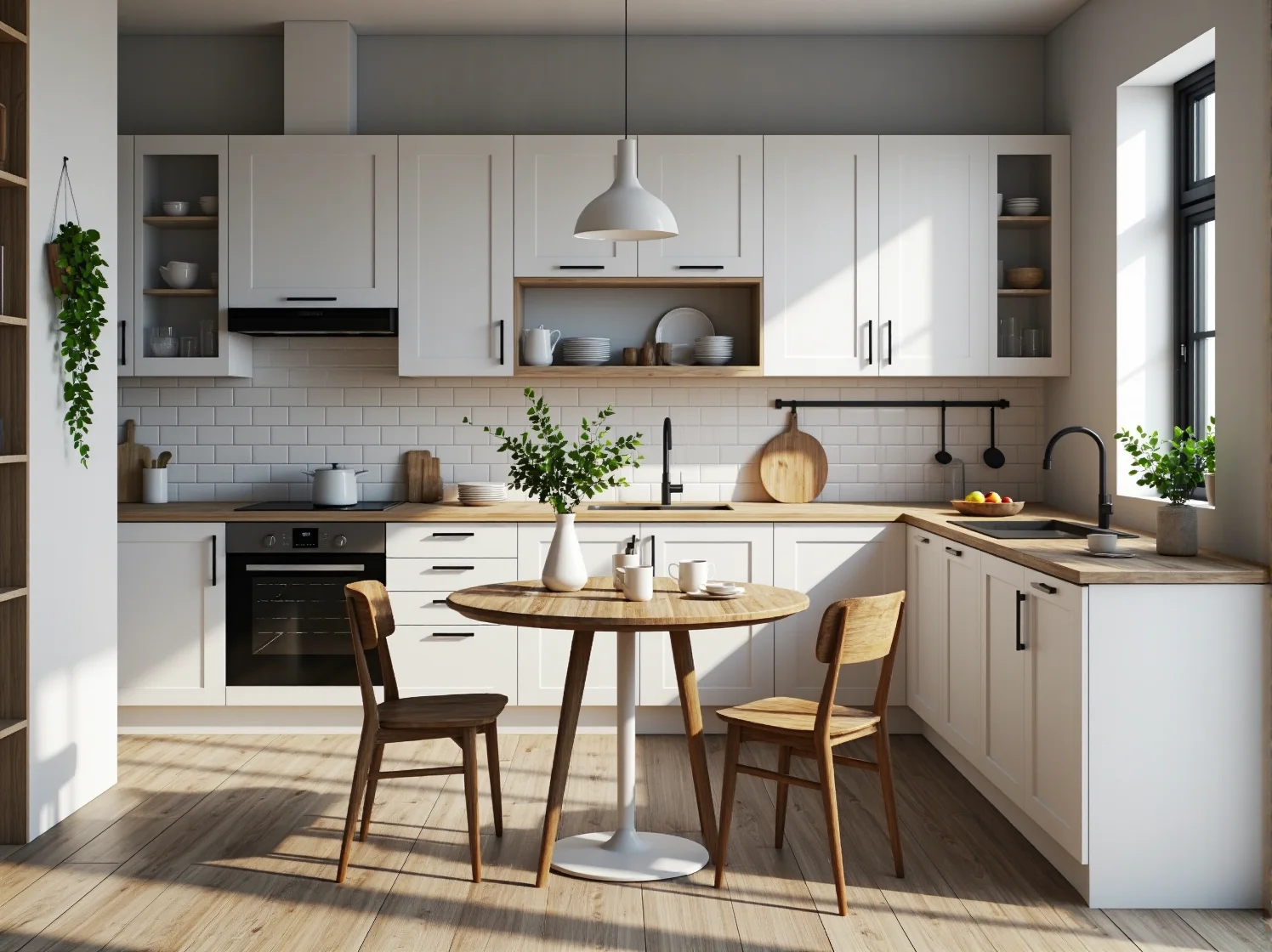 Okrągły stół dębowy z dwoma drewnianymi krzesłami w stylu skandynawskim