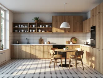 Meble kuchenne dąb naturalny z otwartymi półkami i szafkami