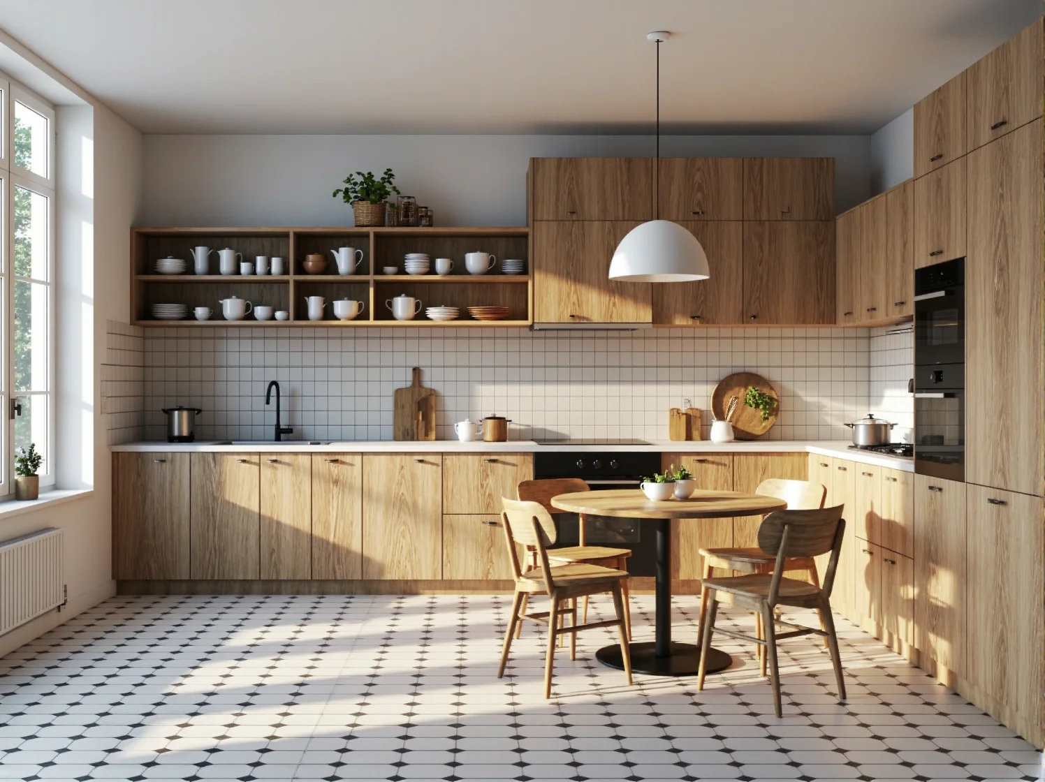 Meble kuchenne dąb naturalny z otwartymi półkami i szafkami