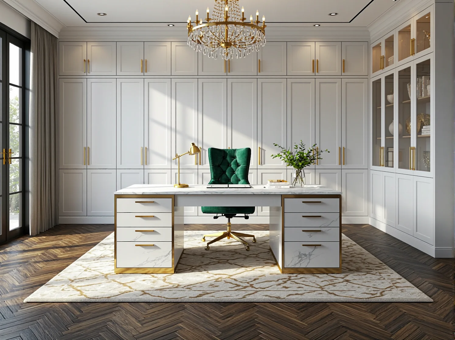 Eleganckie białe biurko glamour z marmurowym blatem i złotymi uchwytami