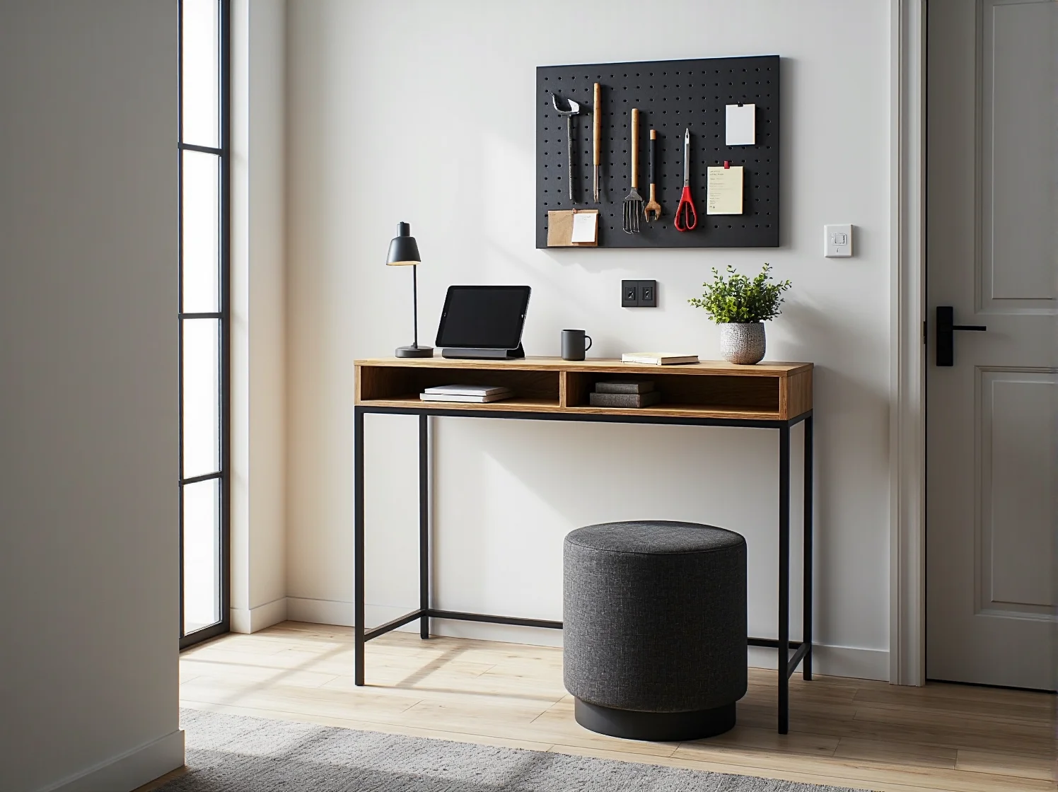 Jasne biurko przy oknie w małym mieszkaniu, minimalistyczny design, komfortowa praca