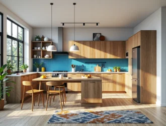 Nowoczesna zabudowa kuchenna dąb naturalny z wyspą i szafkami