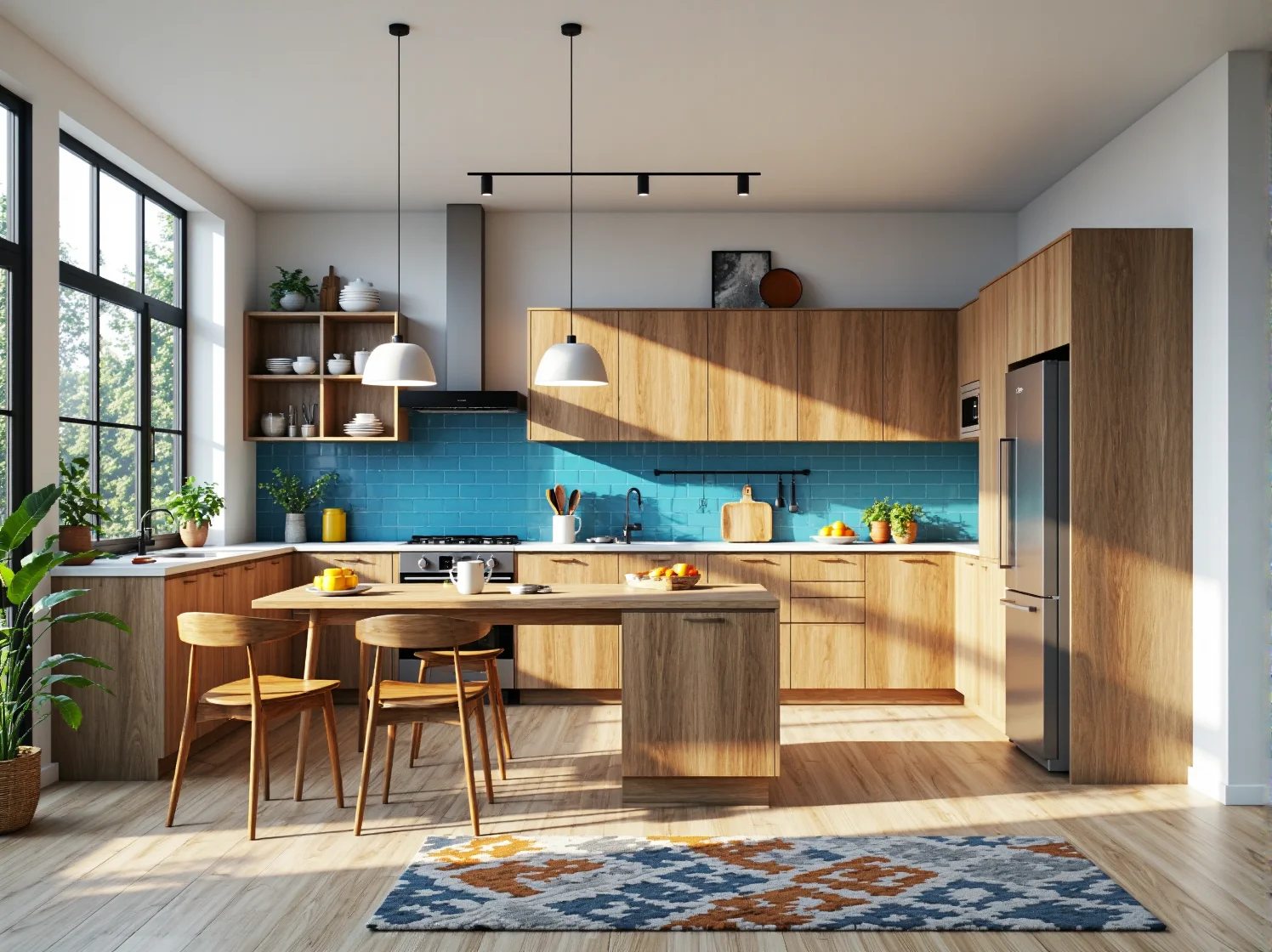 Nowoczesna zabudowa kuchenna dąb naturalny z wyspą i szafkami