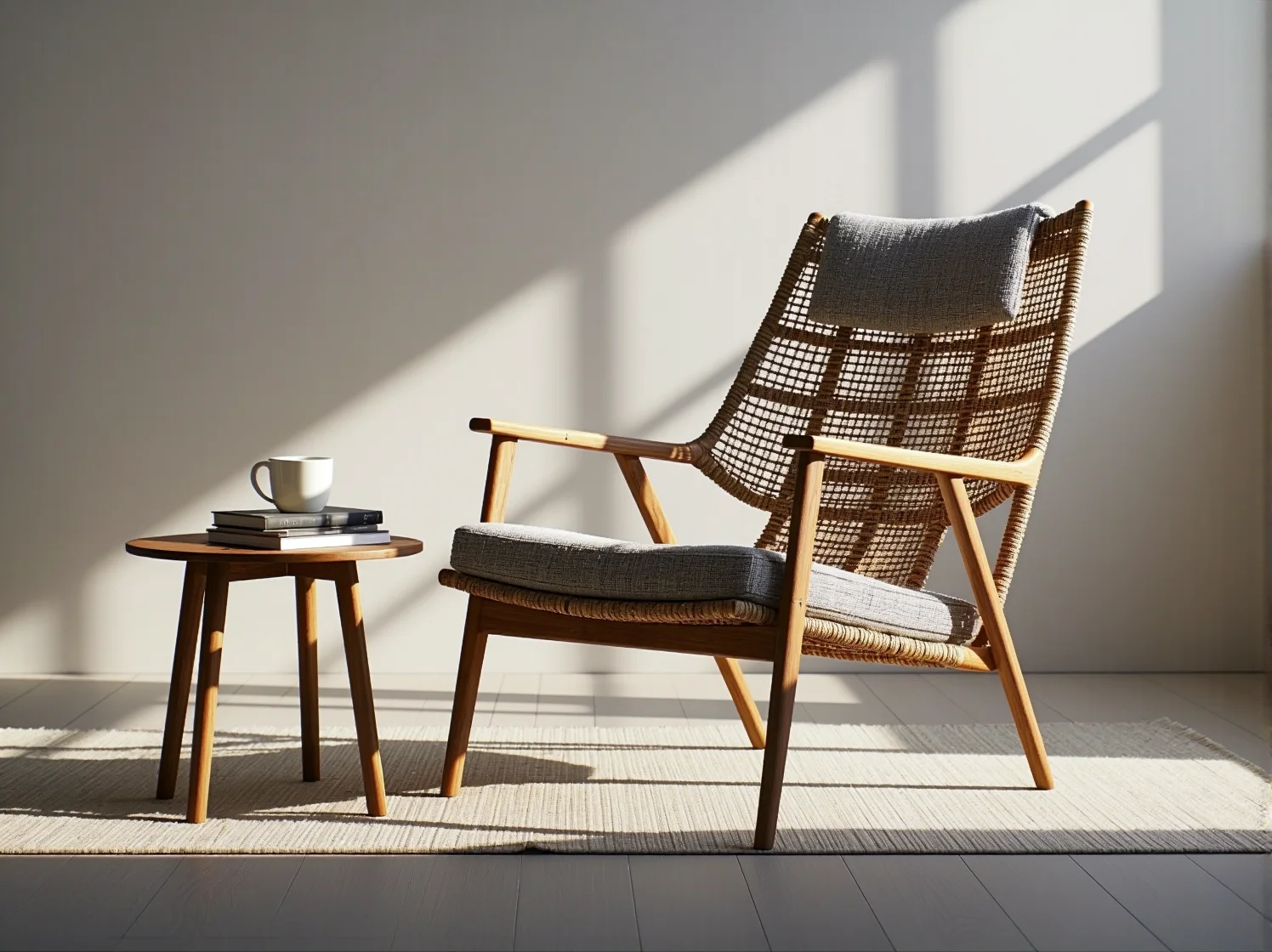 Nowoczesny fotel relaksacyjny w stylu skandynawskim z podnóżkiem, zapewniający wysoki komfort wypoczynku.