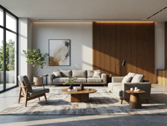 Szary fotel uszak z drewnianymi podłokietnikami w stylu retro