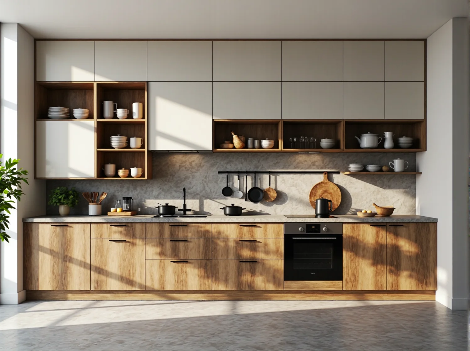 Stylowa aranżacja kuchni z retro dodatkami i meblami modułowymi, podkreślająca zalety funkcjonalnego designu.