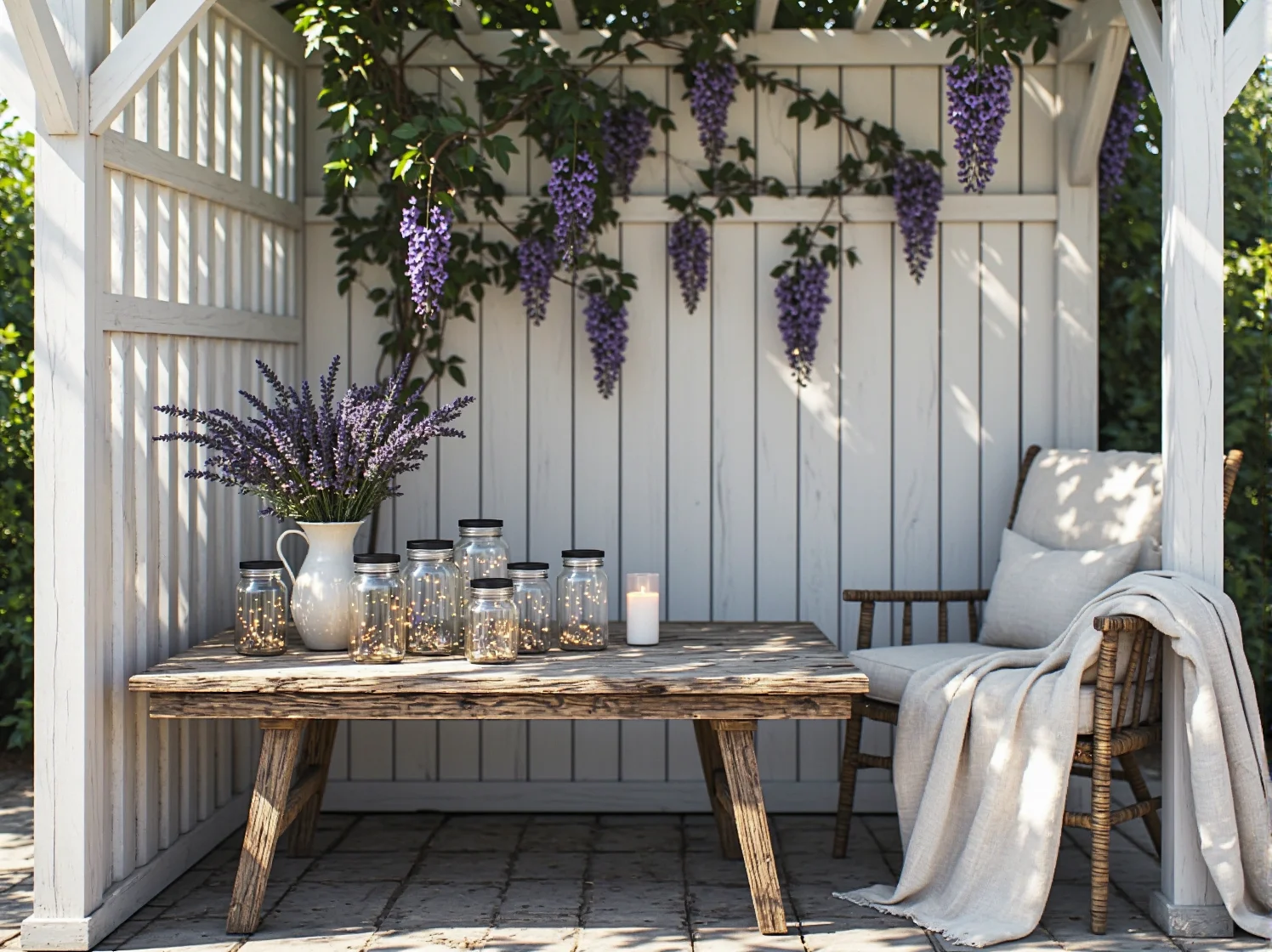 Girlanda solarna owinięta wokół filarów altany w stylu prowansalskim