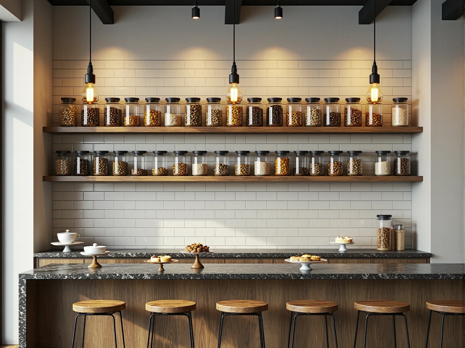 Nowoczesny wystrój kawiarni łączący elementy industrialne z akcentami vintage i nastrojowym oświetleniem.