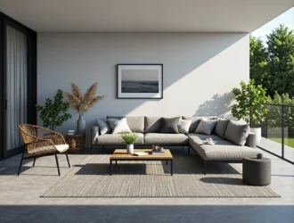 Narożna sofa szara z poduszkami na metalowych nóżkach