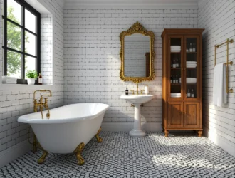 Wysoka witryna łazienkowa dębowa z przeszklonymi drzwiami