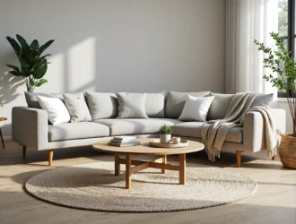 Narożna sofa szara z poduszkami i okrągły stolik kawowy dąb