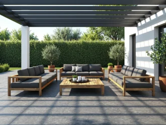 Zestaw wypoczynkowy ogrodowy drewniany z szarymi poduszkami i stolikiem