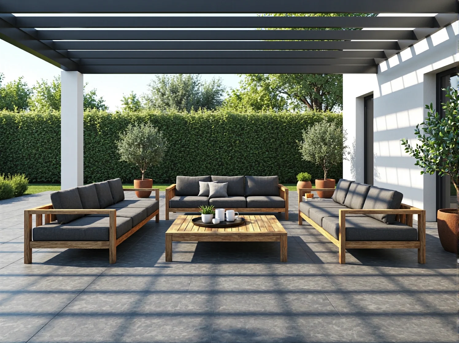 Zestaw wypoczynkowy ogrodowy drewniany z szarymi poduszkami i stolikiem