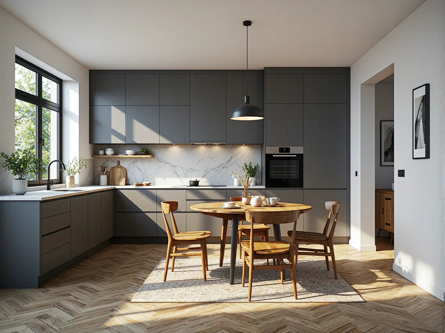 Funkcjonalna i ciepła kuchnia skandynawska z elementami vintage, oświetlona naturalnym światłem dziennym.