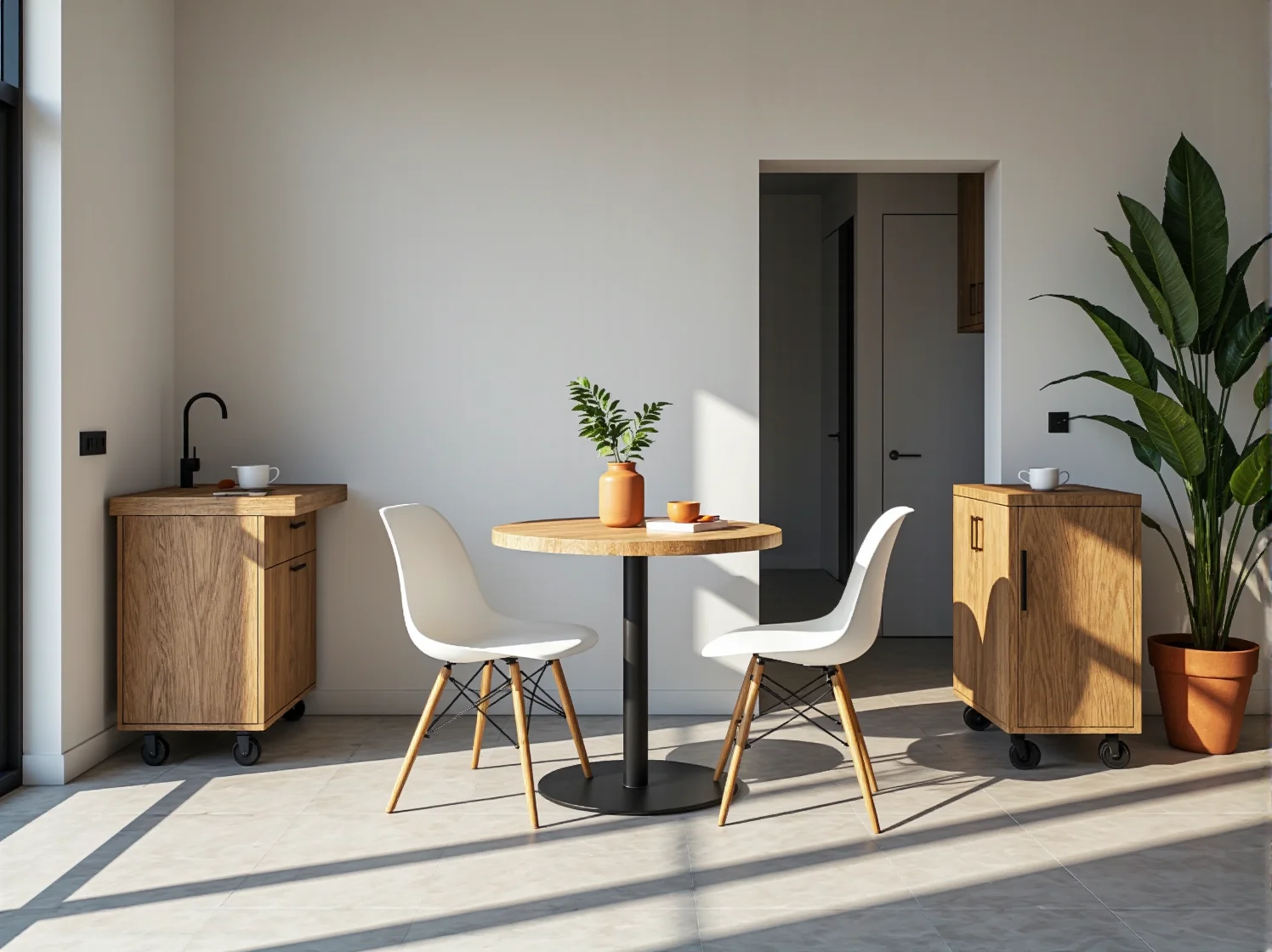 Jasna aranżacja kawalerki z lekkimi meblami na nóżkach dodającymi przestronności.