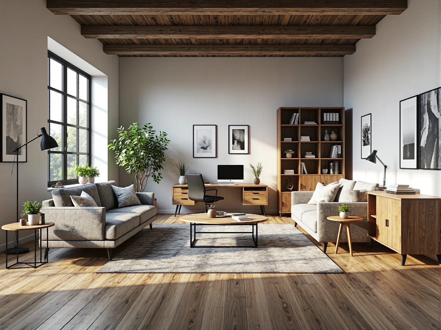 Kącik biurowy w małym salonie, efektywne wykorzystanie przestrzeni, stylowe biurko