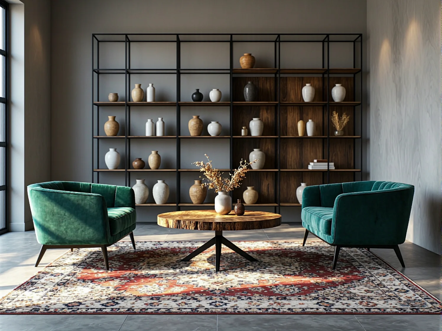 Kącik kawowy w lobby hotelowym urządzony w surowym stylu industrialnym z miękkimi fotelami.