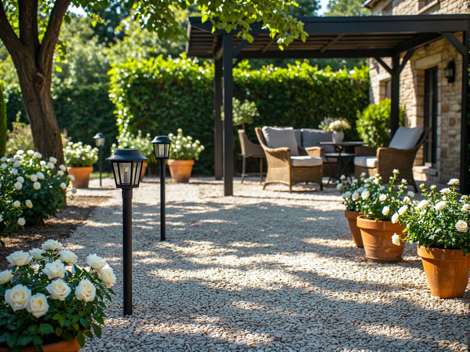 Kinkiet solarny retro na ścianie altany, klimatyczne oświetlenie ogrodu